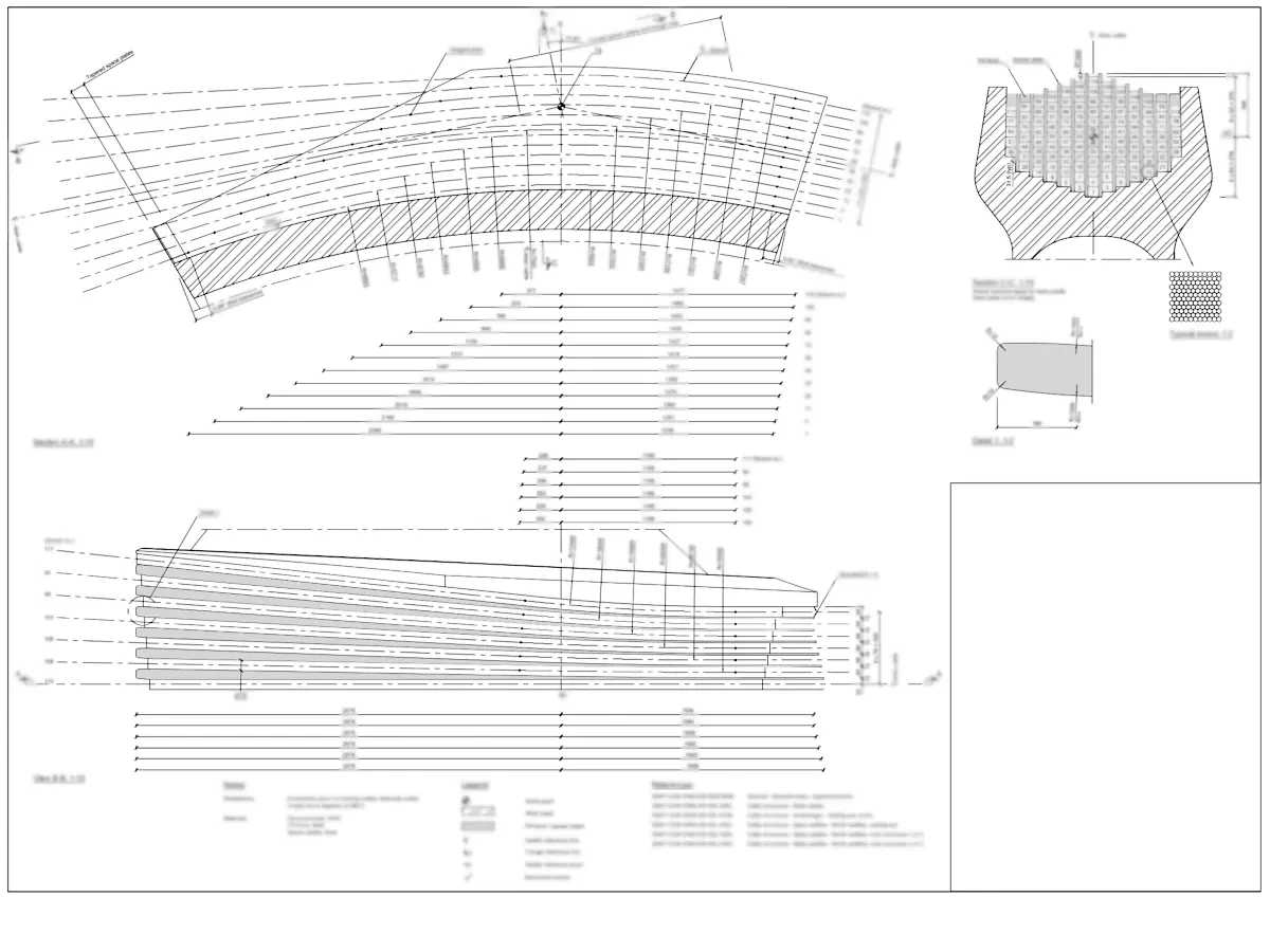 Anonymised structural reference drawing showing curved saddle geometry, strand layout and section details