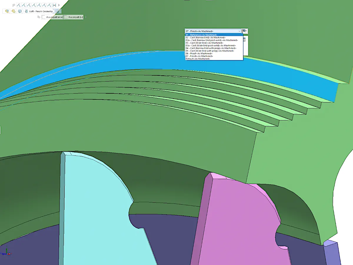 Close-up CAD view of a multi-body saddle model showing machined geometry and fabricated component detail