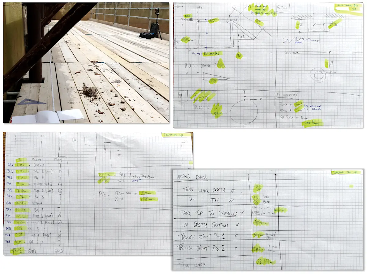 Collage of site survey photographs and handwritten measurement notes used to capture dimensions on site