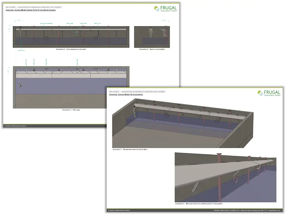 Composite image of reference model drawings and 3D views showing the existing site condition reconstructed from survey data