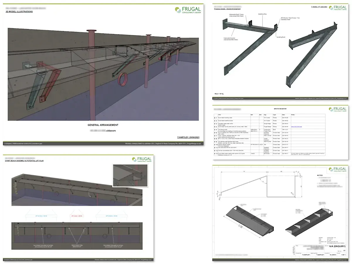 Composite of manufacturing-detail 3D model views, assembly information and fabrication drawings for the reverse-engineered replacement