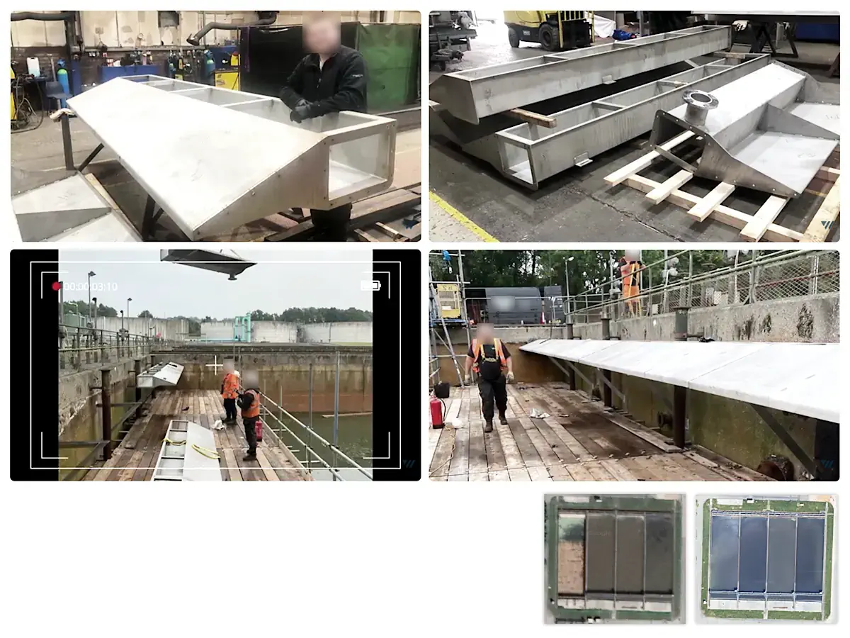 Collage of fabricated stainless-steel replacement parts and site installation photographs showing the completed scum beach replacement