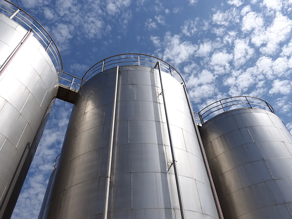 Exterior view of fabricated steel storage silos