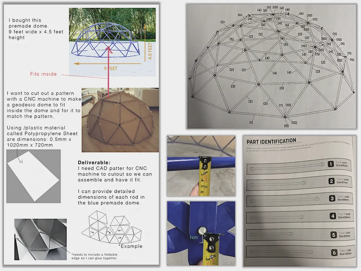 Collage of client brief material showing the dome geometry, reference photos, measured dimensions and part identification information