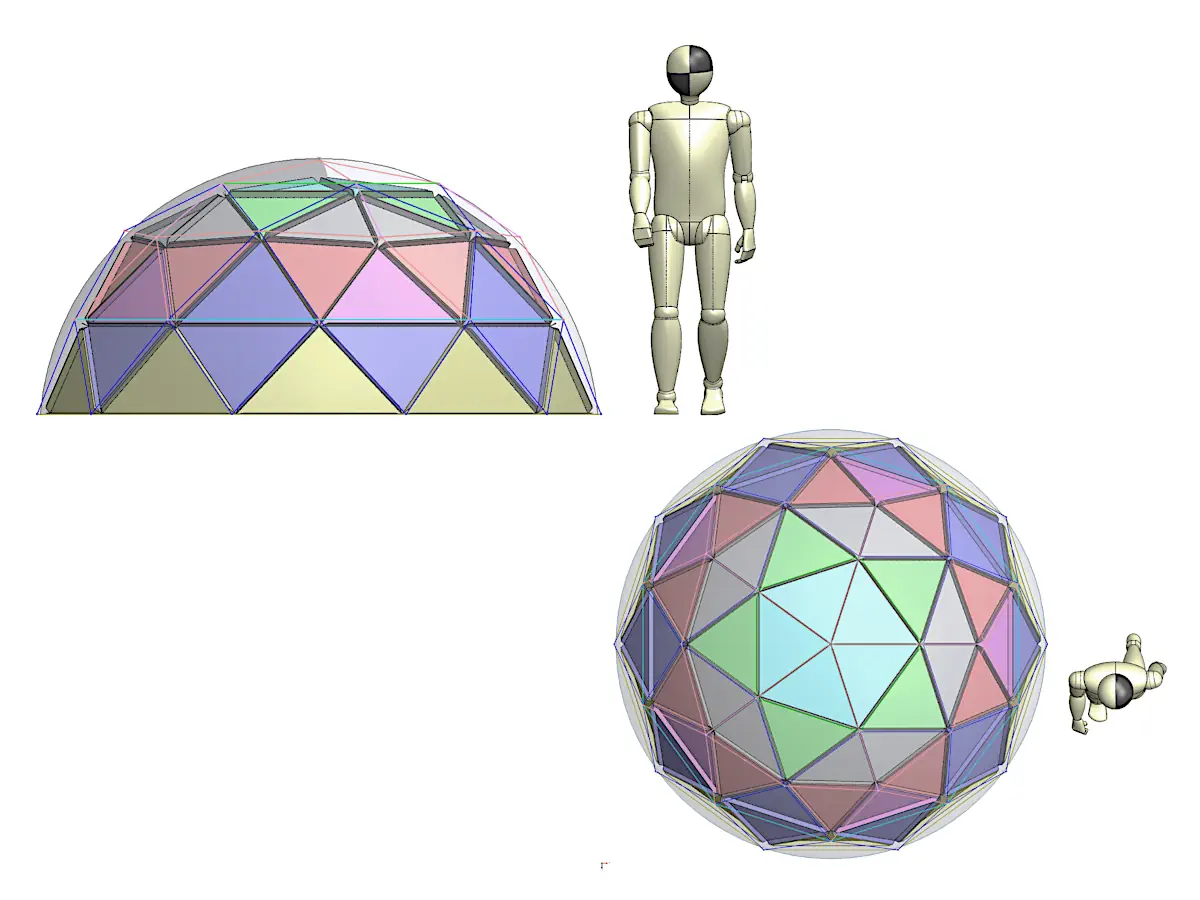 3D CAD mock-up of a geodesic dome with coloured panel layout and human figure scale references