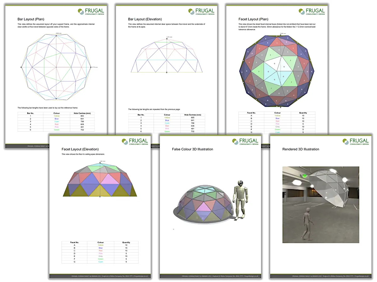 Composite of interim report pages showing dome layout drawings, coloured facet layouts and a rendered 3D concept view