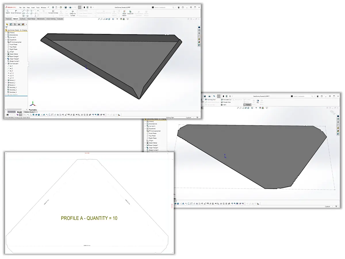 Composite of a folded-sheet facet CAD model and its matching full-size flat cut profile