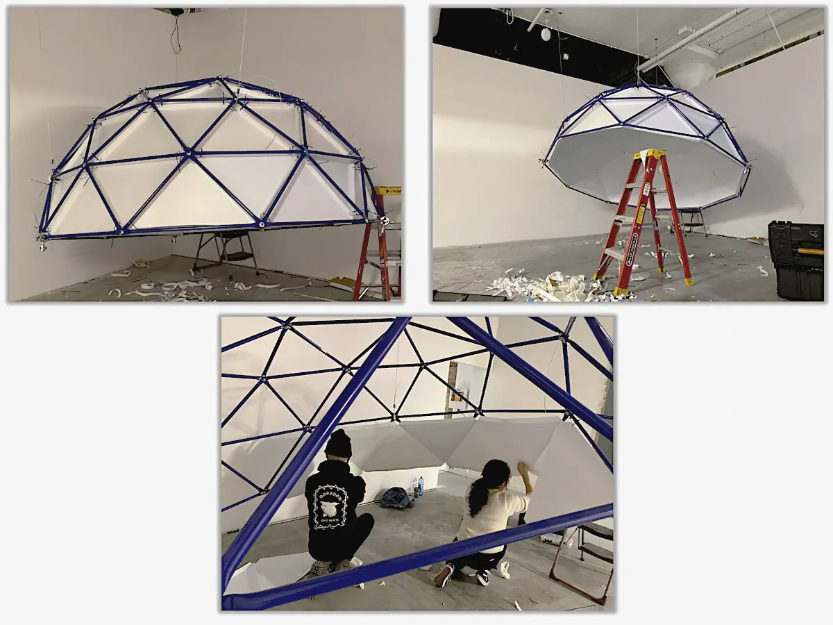 Collage of the completed geodesic screen assembly, including installation views and client-led assembly in progress