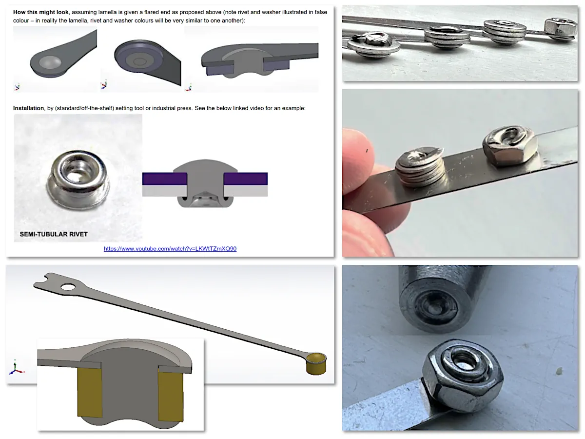 Engineering development montage showing proposed and physically tested methods of attaching small tip masses to vibrating lamellas