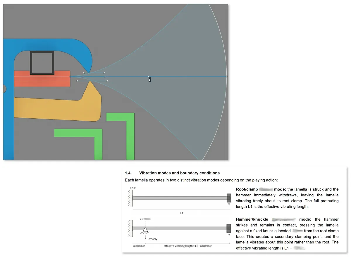 Engineering diagrams showing the two distinct restraint conditions under which the Orbiton lamellas vibrate
