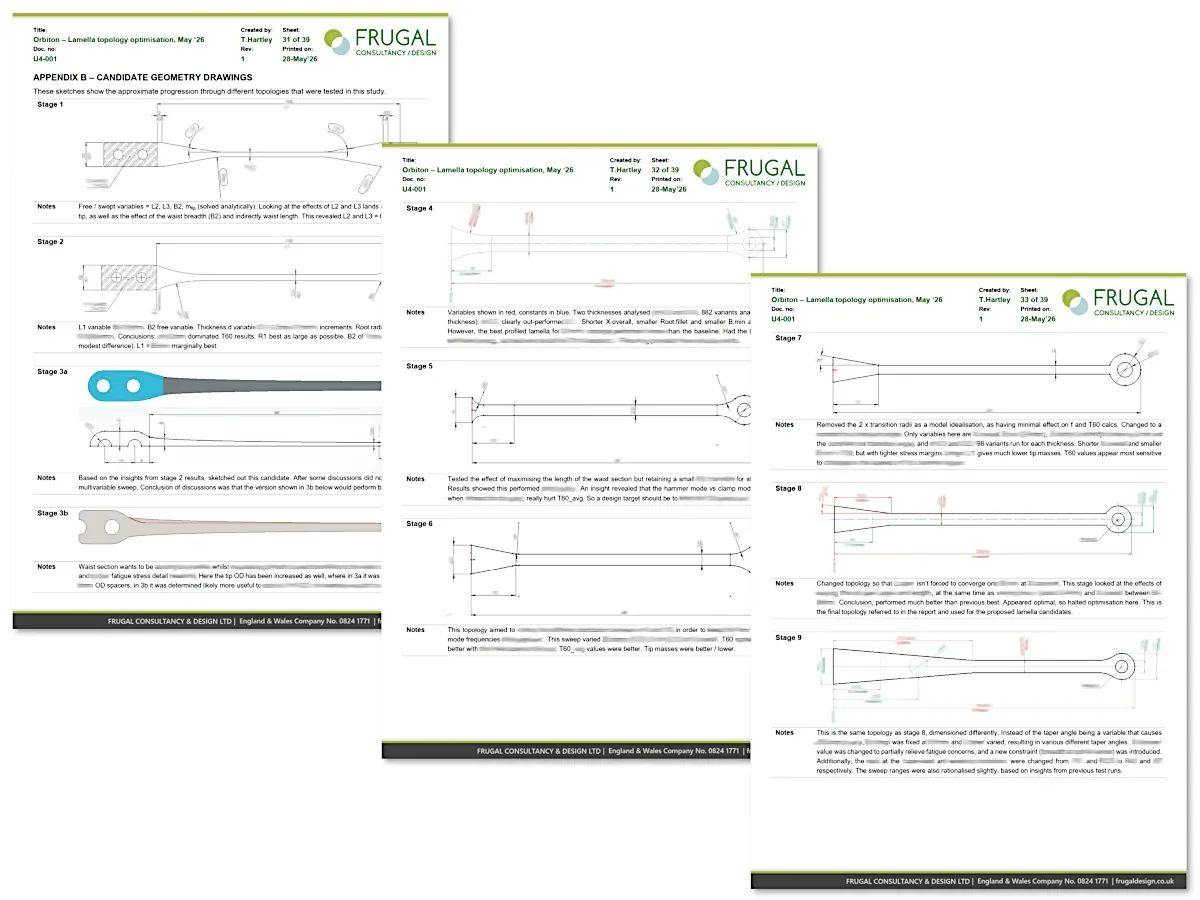 Sequence of engineering sketches showing the progressive development of parameterised profiled lamella geometries