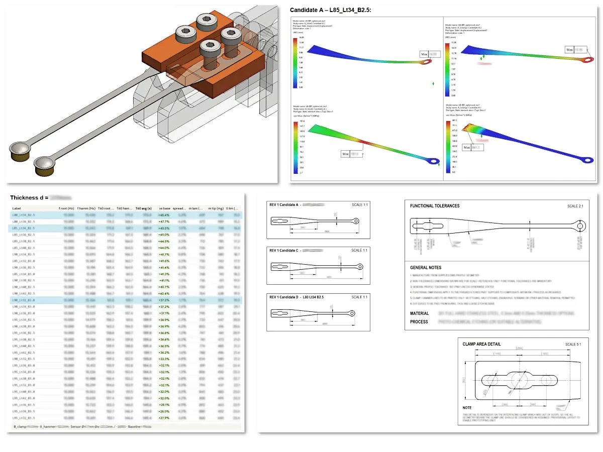 Engineering montage showing profiled lamella analysis, ranked candidate results, FEA checks and prototype drawings