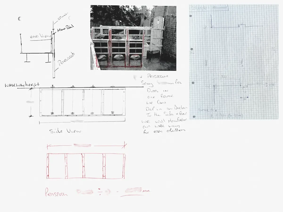 Collage of early concept sketches, site reference imagery and survey notes used to define the penstock layout and key dimensions