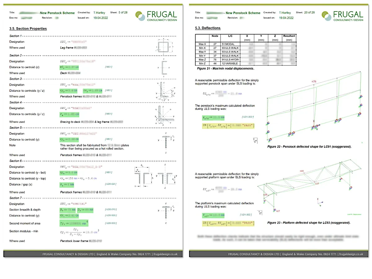 Two pages extracted from the structural calculation report, showing section properties, deflection checks and analysis results for the penstock support frame
