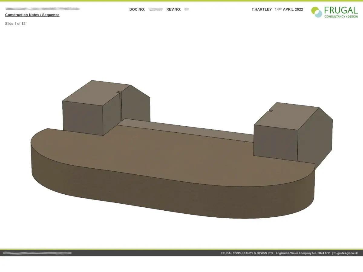 Annotated installation-sequence frame showing the penstock assembly components in a staged construction view