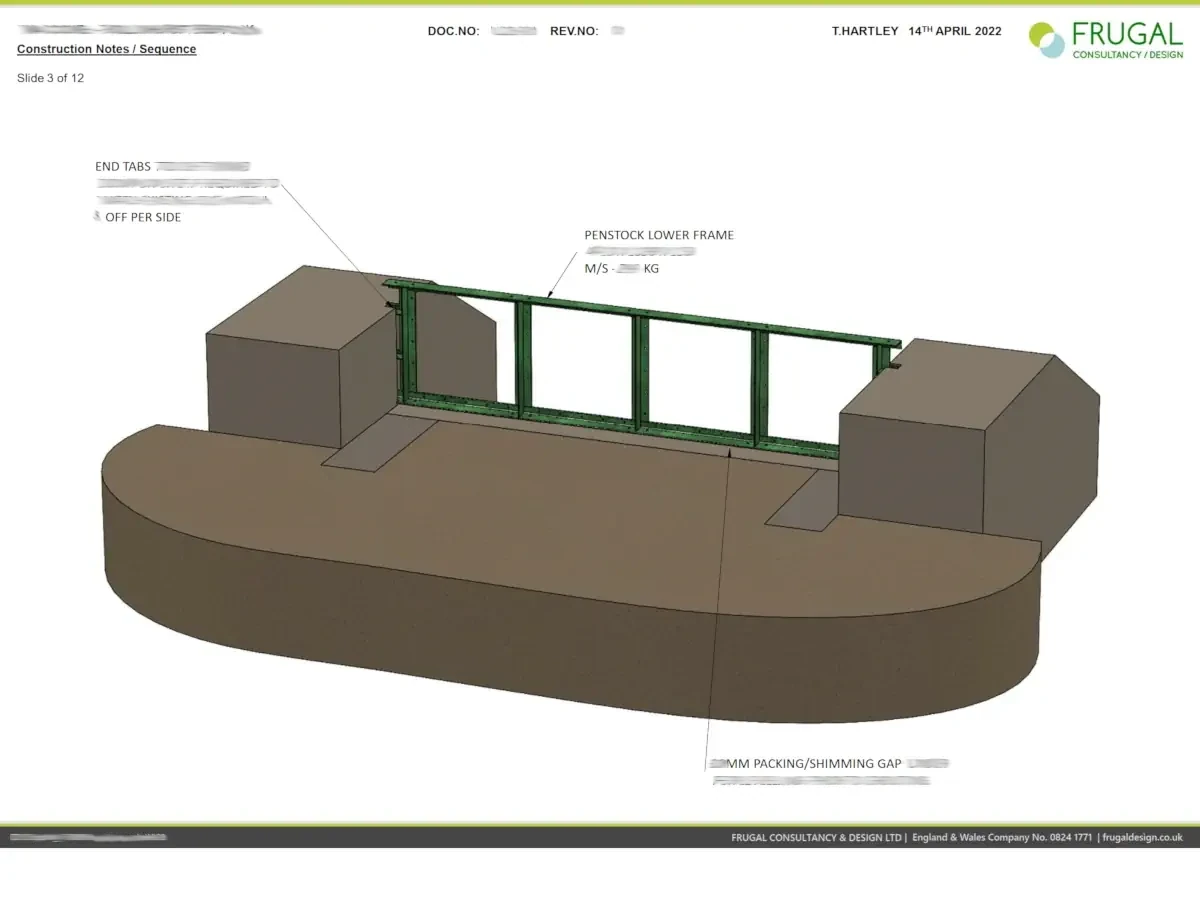 Annotated installation-sequence frame showing the penstock assembly components in a staged construction view