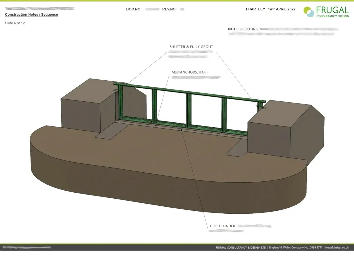 Annotated installation-sequence frame showing the penstock assembly components in a staged construction view