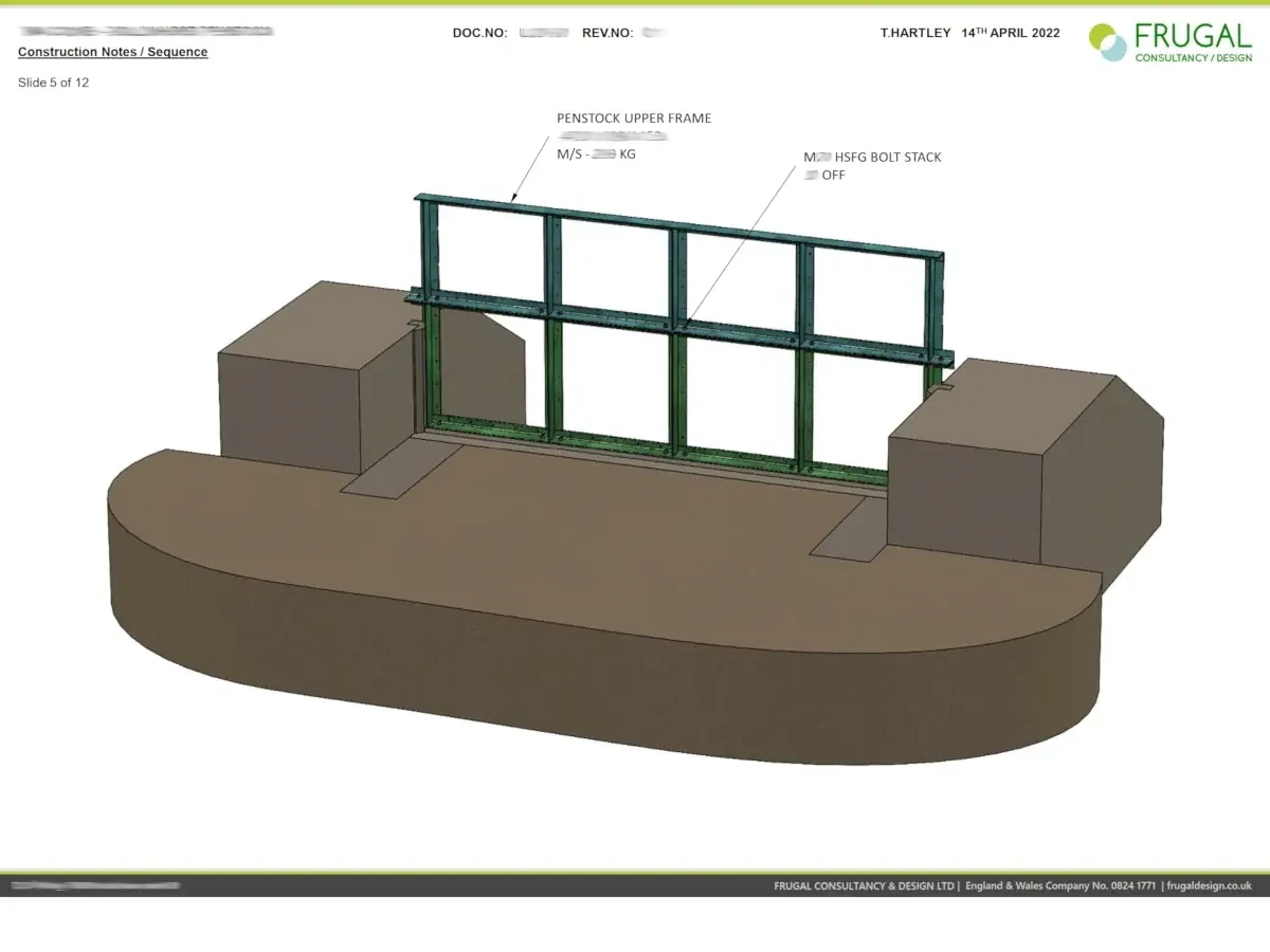 Annotated installation-sequence frame showing the penstock assembly components in a staged construction view