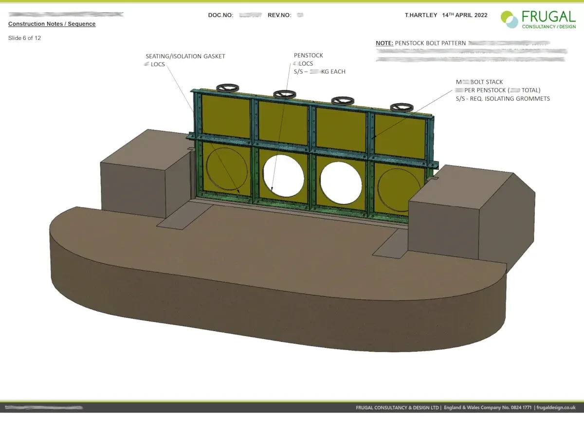 Annotated installation-sequence frame showing the penstock assembly components in a staged construction view