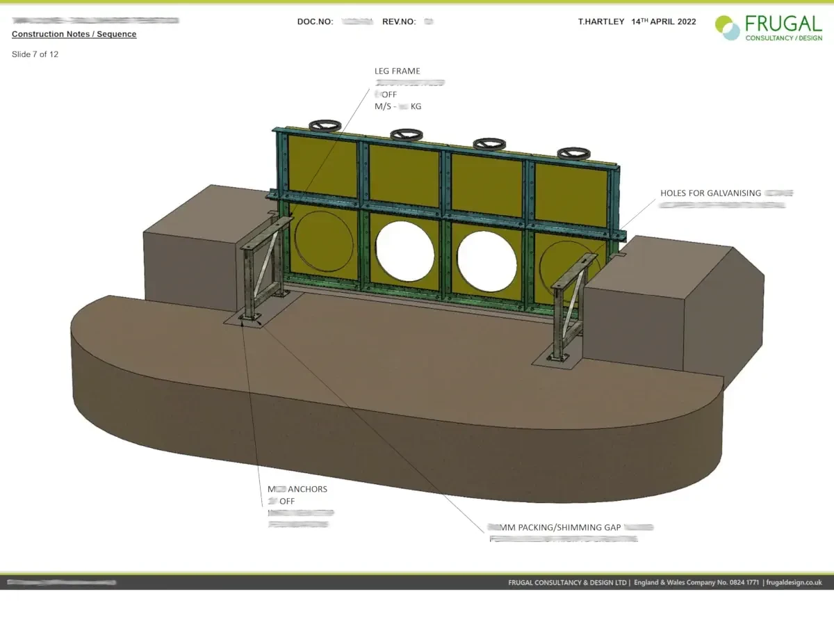 Annotated installation-sequence frame showing the penstock assembly components in a staged construction view