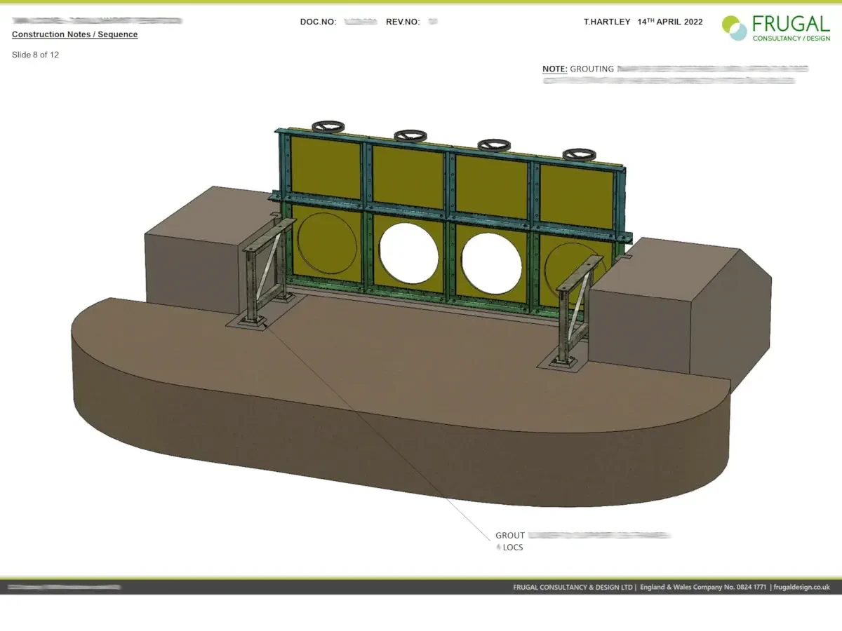 Annotated installation-sequence frame showing the penstock assembly components in a staged construction view