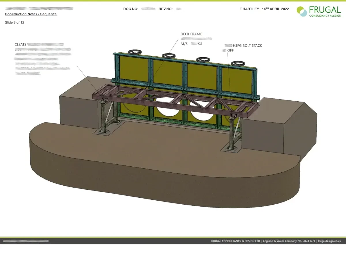 Annotated installation-sequence frame showing the penstock assembly components in a staged construction view