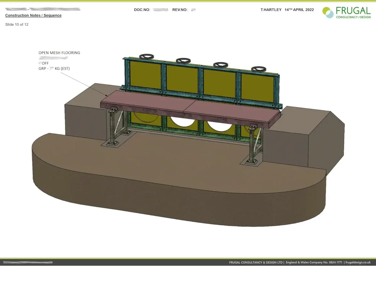 Annotated installation-sequence frame showing the penstock assembly components in a staged construction view