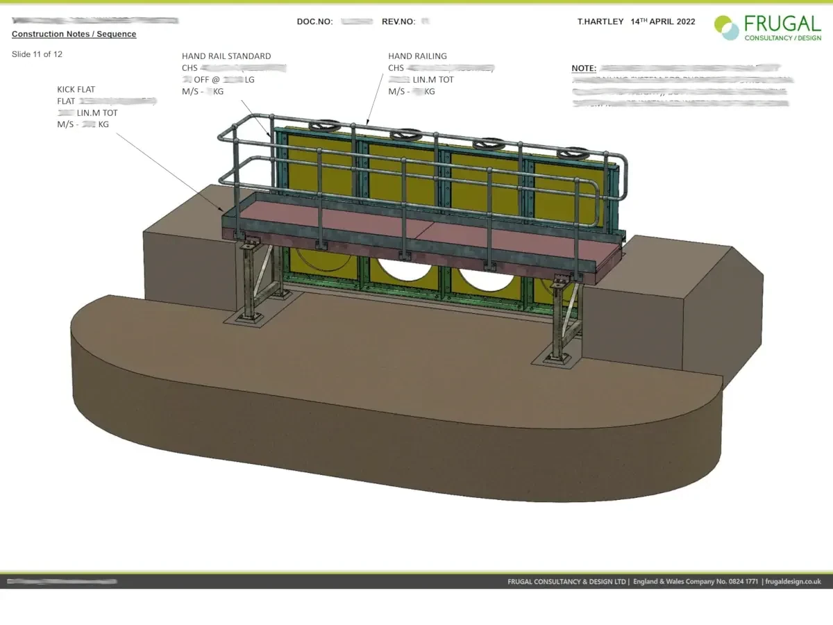 Annotated installation-sequence frame showing the penstock assembly components in a staged construction view