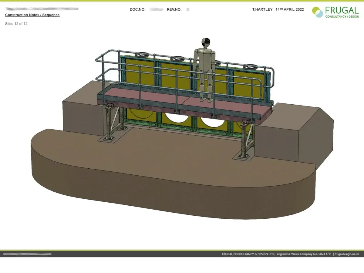 Annotated installation-sequence frame showing the penstock assembly components in a staged construction view