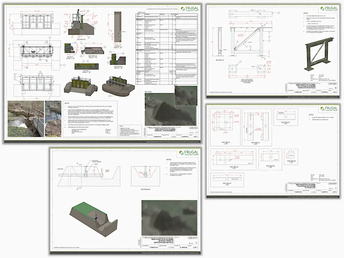 Composite of manufacturing and installation drawings for the penstock support frame and platform, including assembly sheets, part drawings and fabrication details