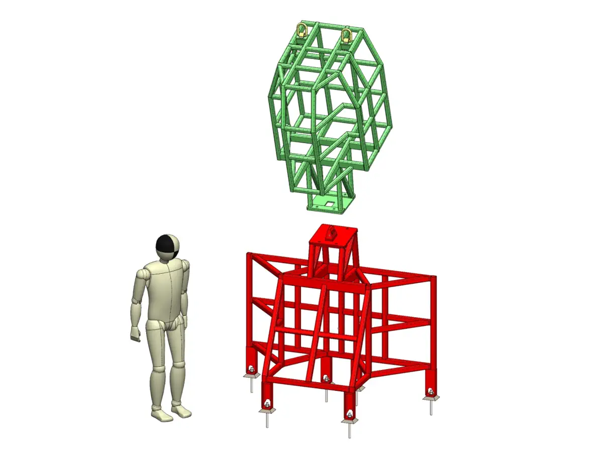 3D CAD view illustrating an early assembly sequence, with the upper sculpture support frame positioned above the base support structure and a human figure for scale