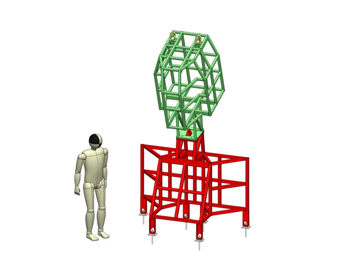 3D CAD view illustrating an early assembly sequence, with the upper sculpture support frame positioned above the base support structure and a human figure for scale