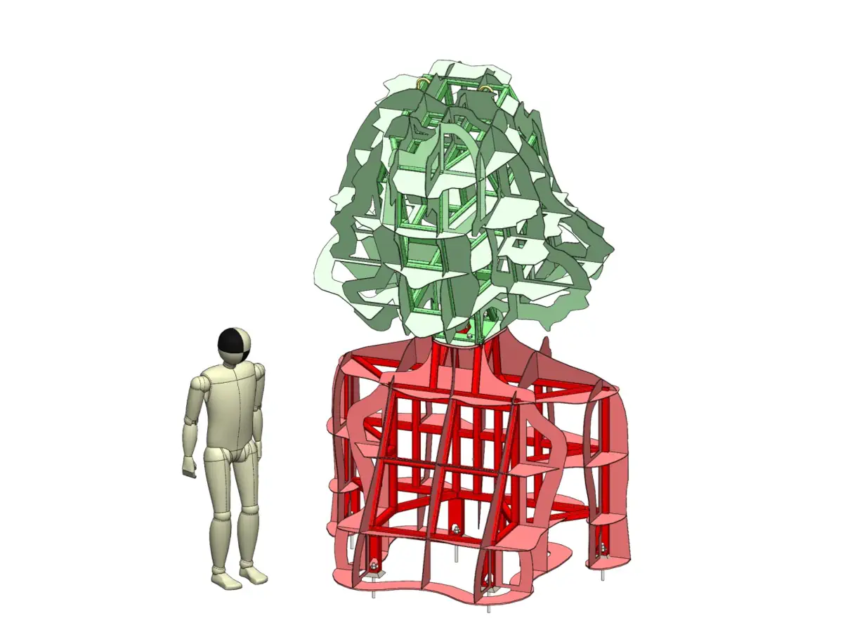 3D CAD view illustrating an early assembly sequence, with the upper sculpture support frame positioned above the base support structure and a human figure for scale