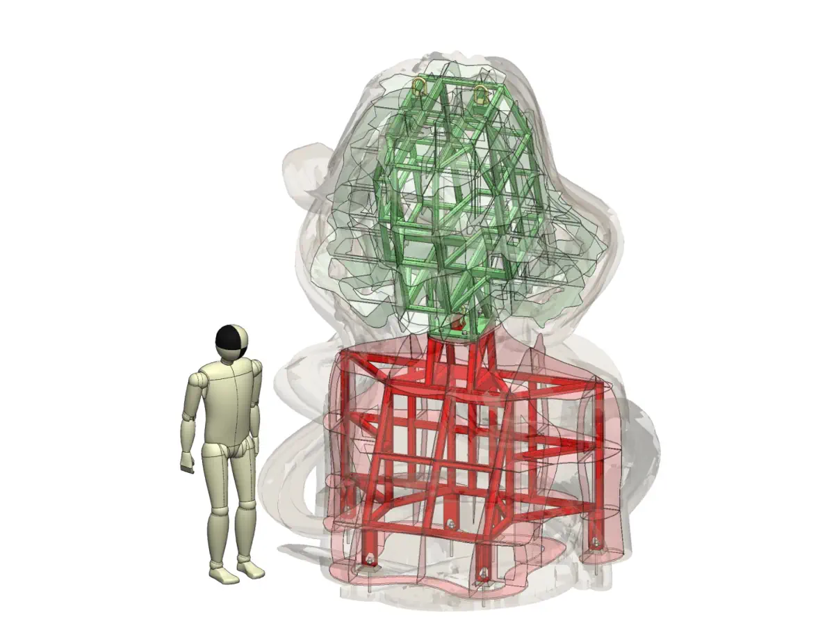 Internal steel support-frame design overlaid with the reinforced-concrete sculpture.