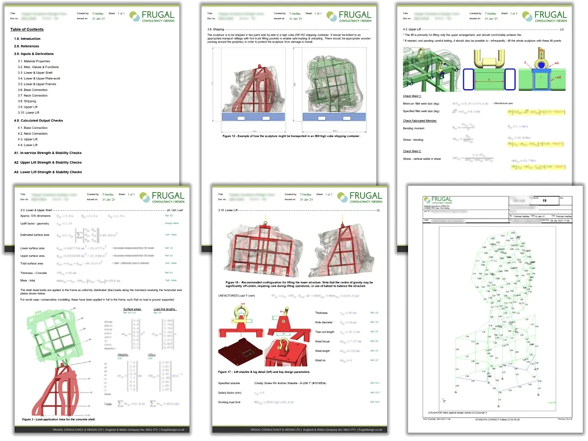 Composite of structural calculation report pages covering transport constraints, lifting arrangements, wind loading and member utilisation for the sculpture support frame
