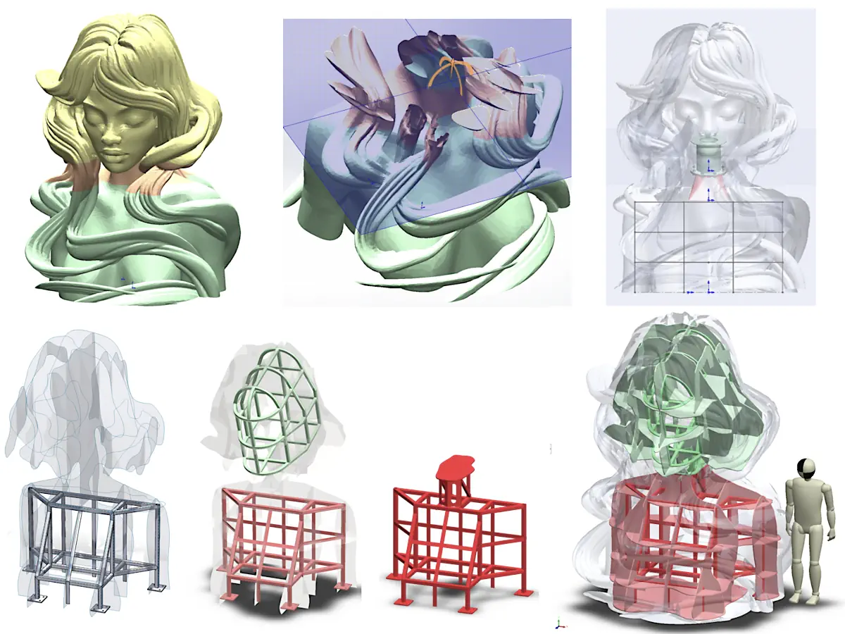 Composite of concept-development CAD views showing alternative support-frame routes, zoning studies and interface options for the sculpture installation
