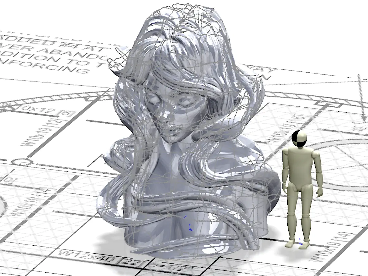 3D CAD view of the imported sculpture model overlaid on the site layout, with early extracted sketch geometry and a human figure for scale