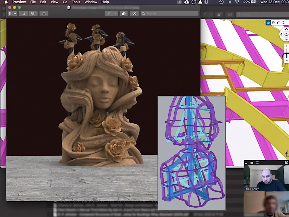 Composite screenshot showing the artist’s sculpture model, an early structural concept model and surrounding mounting context reviewed together during the initial engineering stage