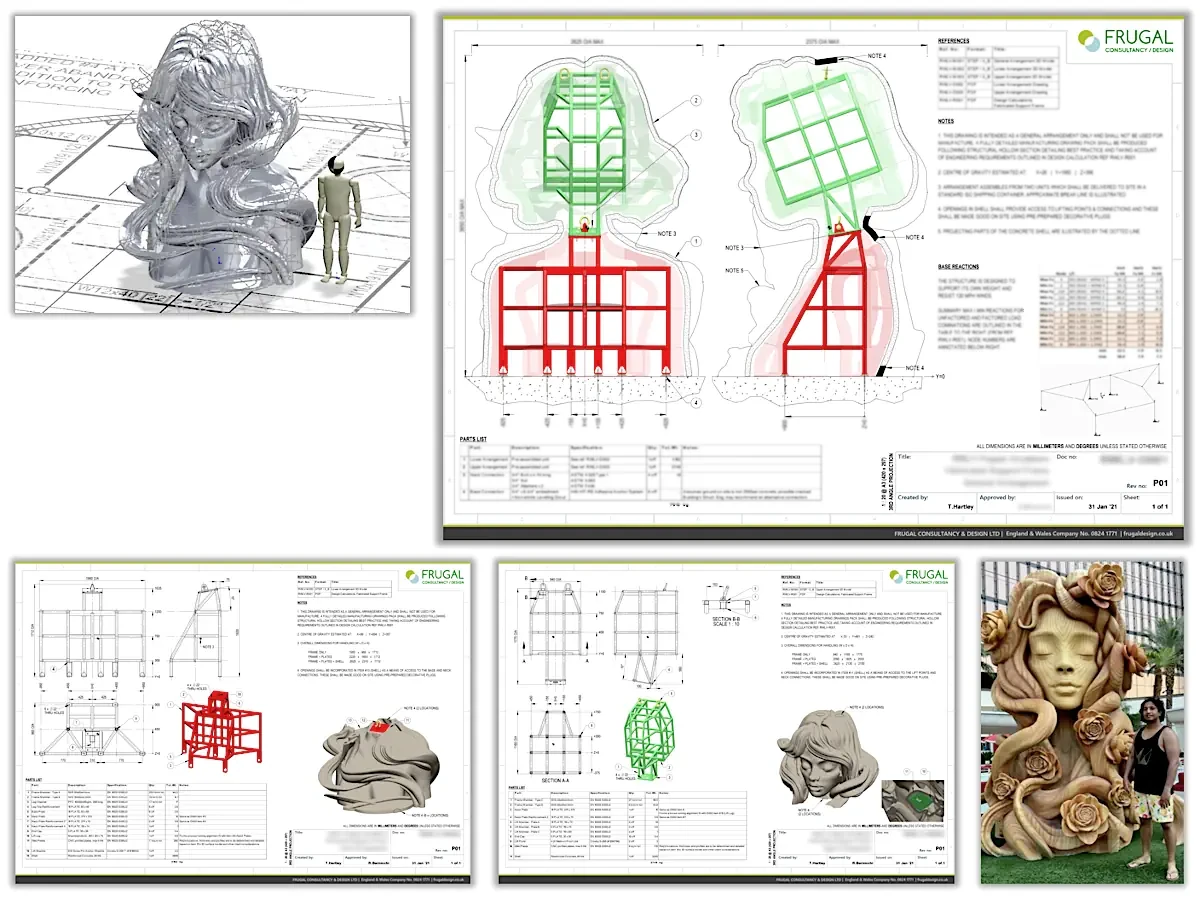 Composite summary of the project route, from initial sculpture geometry reference through arrangement drawings to the completed installation on site