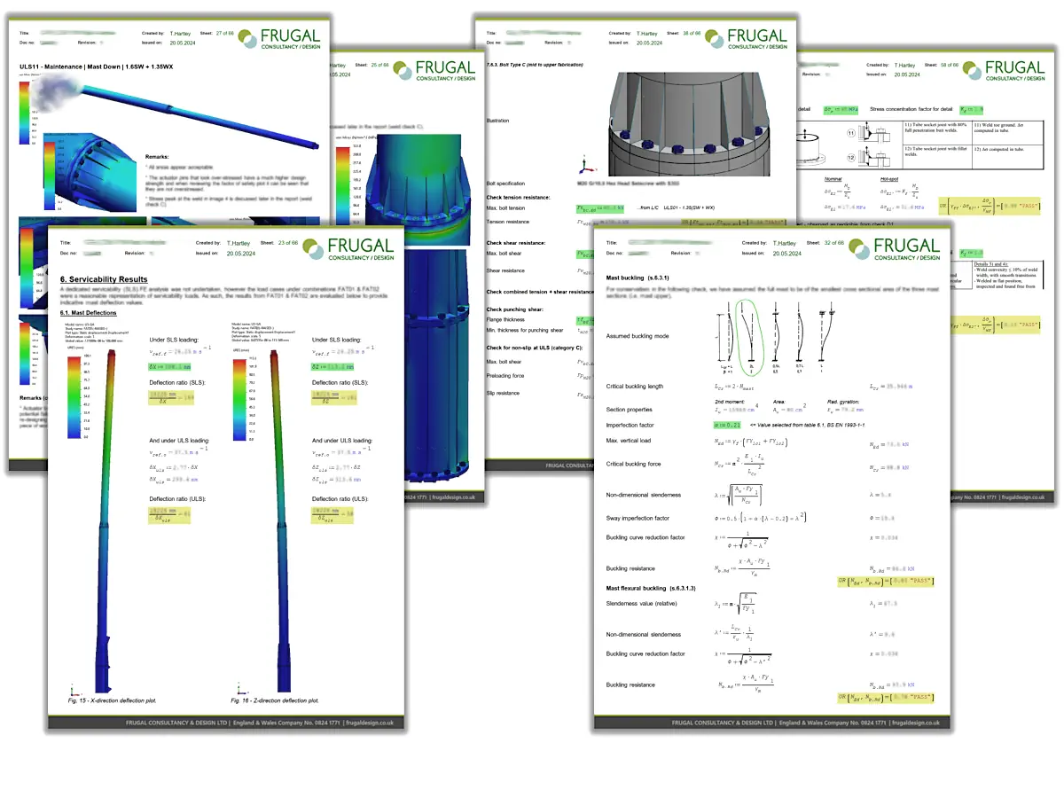 Composite of report extracts showing some FEA results, serviceability checks and structural substantiation calculations for the mast design