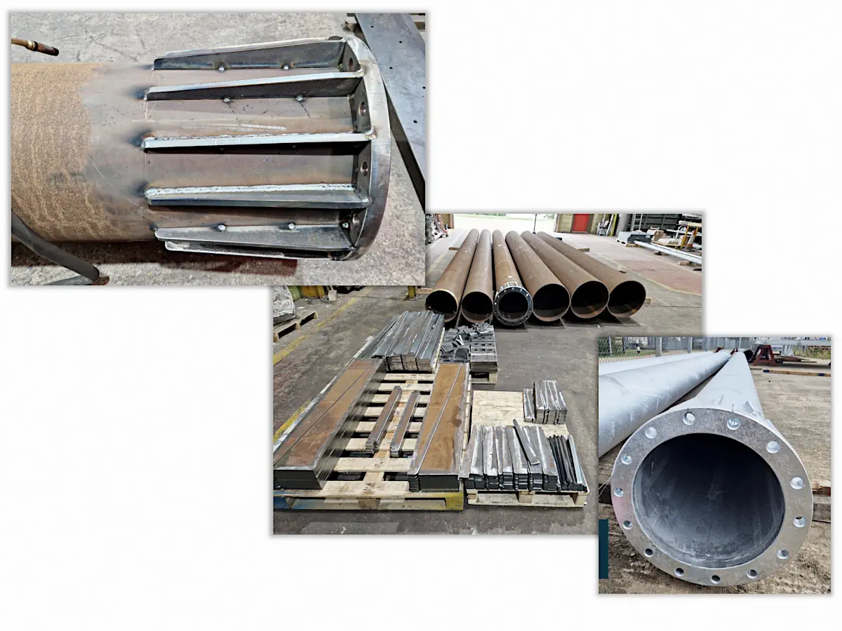 Collage of fabricated mast sections, connection details and component parts during manufacture, shown before and after finishing