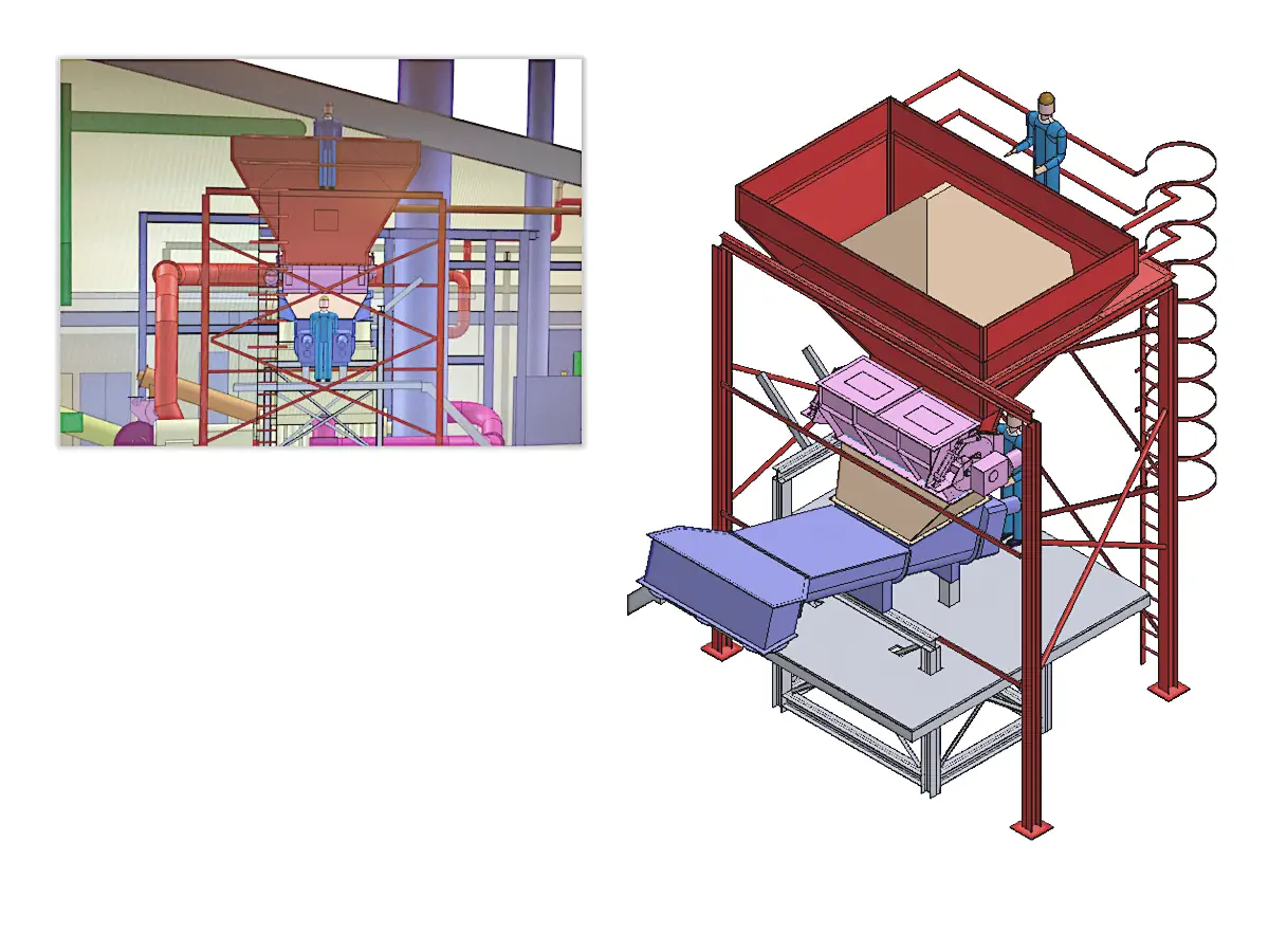 Two 3D plant model views showing the wider client layout with the rough hopper concept positioned to establish space claim and arrangement