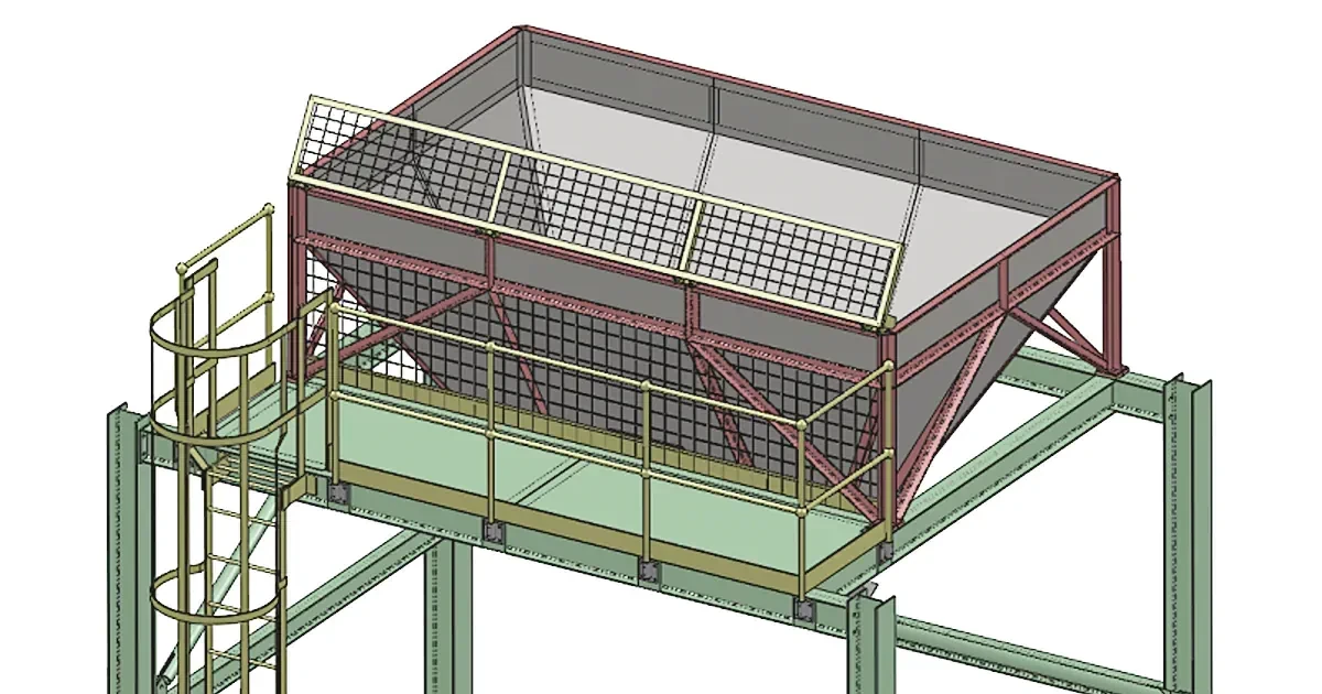 Detailed 3D manufacturing model of the woodchip hopper, support frame and access platform
