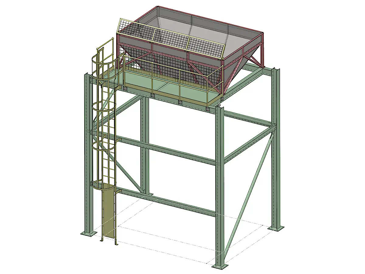 Detailed 3D manufacturing model of the woodchip hopper, support frame and access platform