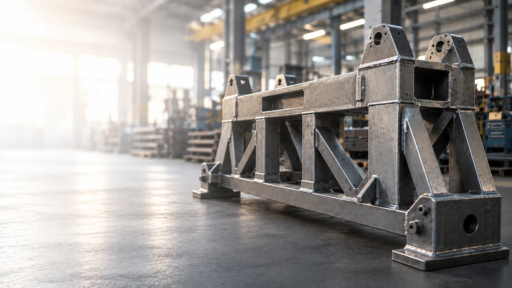 Heavy welded steel fabrication on a manufacturing shop floor, illustrating opportunities for steel weight and cost reduction