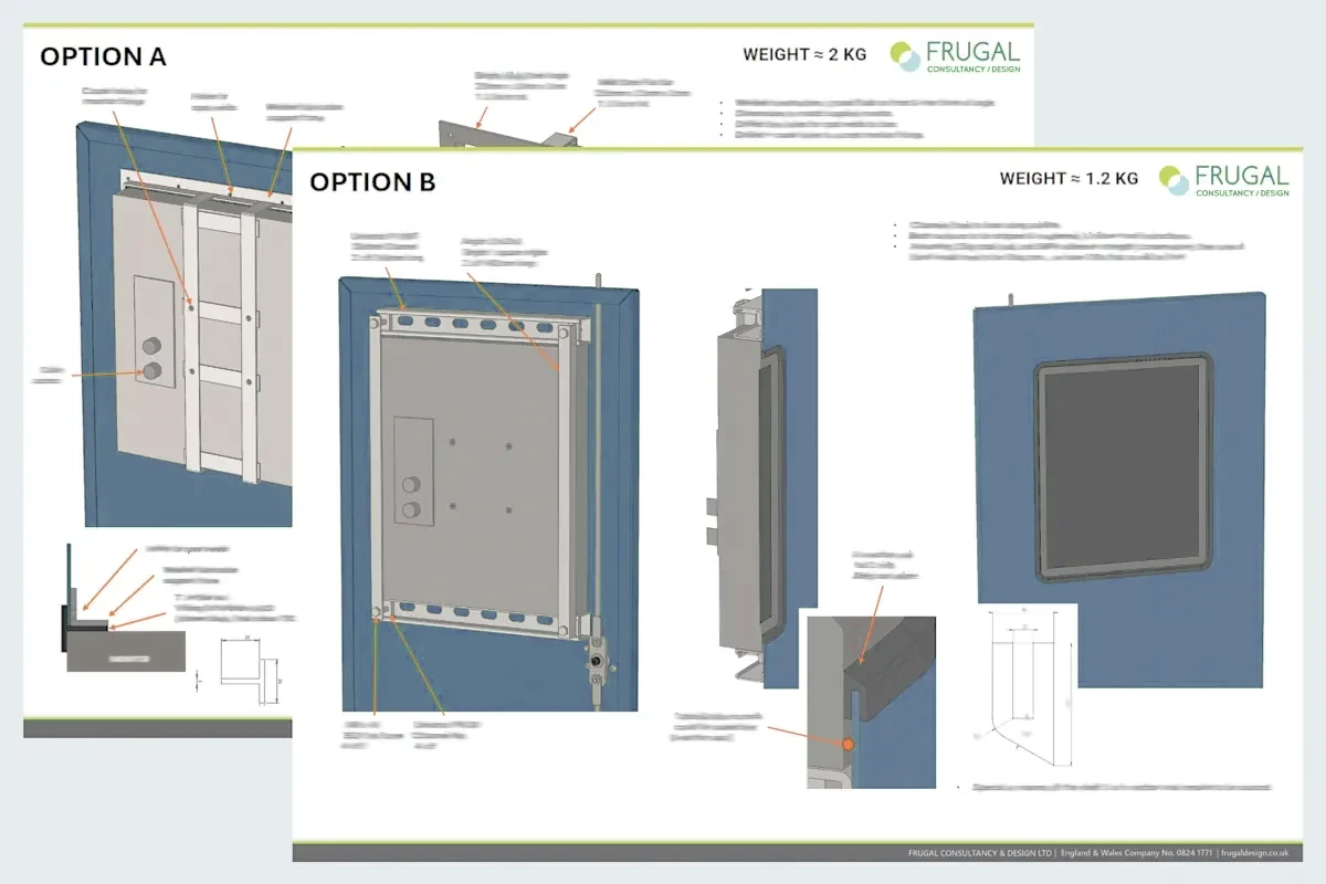 Concept option sheets comparing alternative bracket-mount arrangements, with annotated views and detail sketches