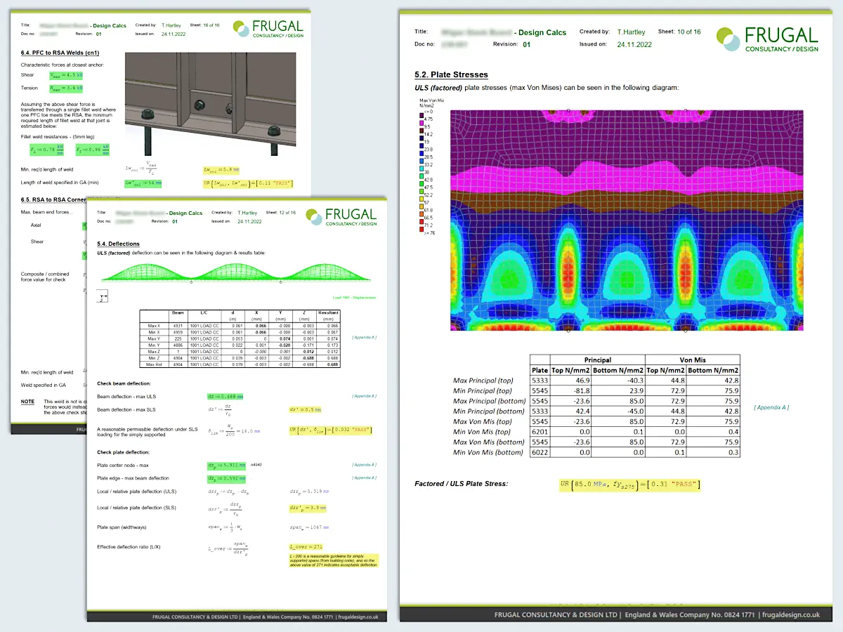 Structural analysis report pages showing manual checks, FEA result plots and design conclusions