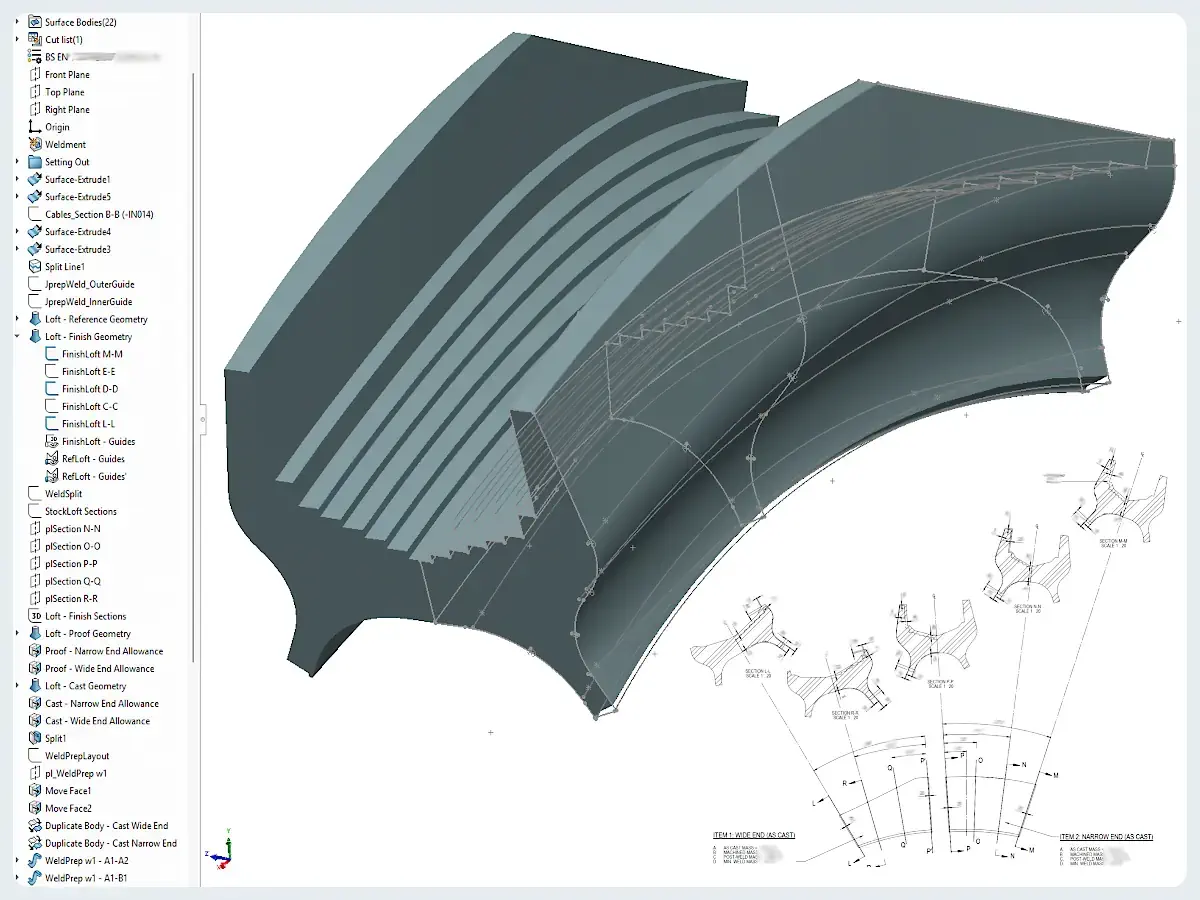 SolidWorks model of a curved suspension bridge saddle casting with technical reference drawings