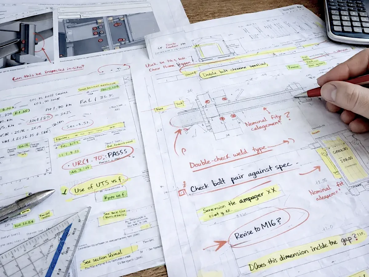 Marked-up engineering drawings with hand annotations, highlighted review comments and checking notes during a design review