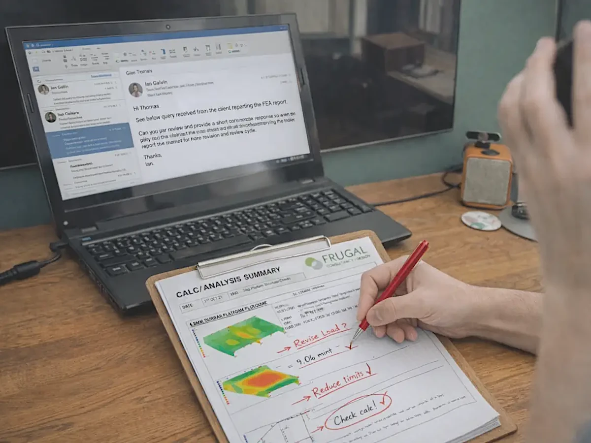 Laptop and marked-up engineering notes used for ongoing mechanical design and technical support